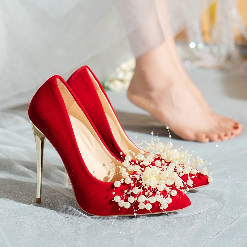 婚鞋 新娘鞋35-45大碼💕紅色婚鞋💕珍珠法式婚鞋婚紗鞋紅色高跟鞋細跟高跟鞋歐美風宴會鞋伴娘鞋【5-7-10-12公分】