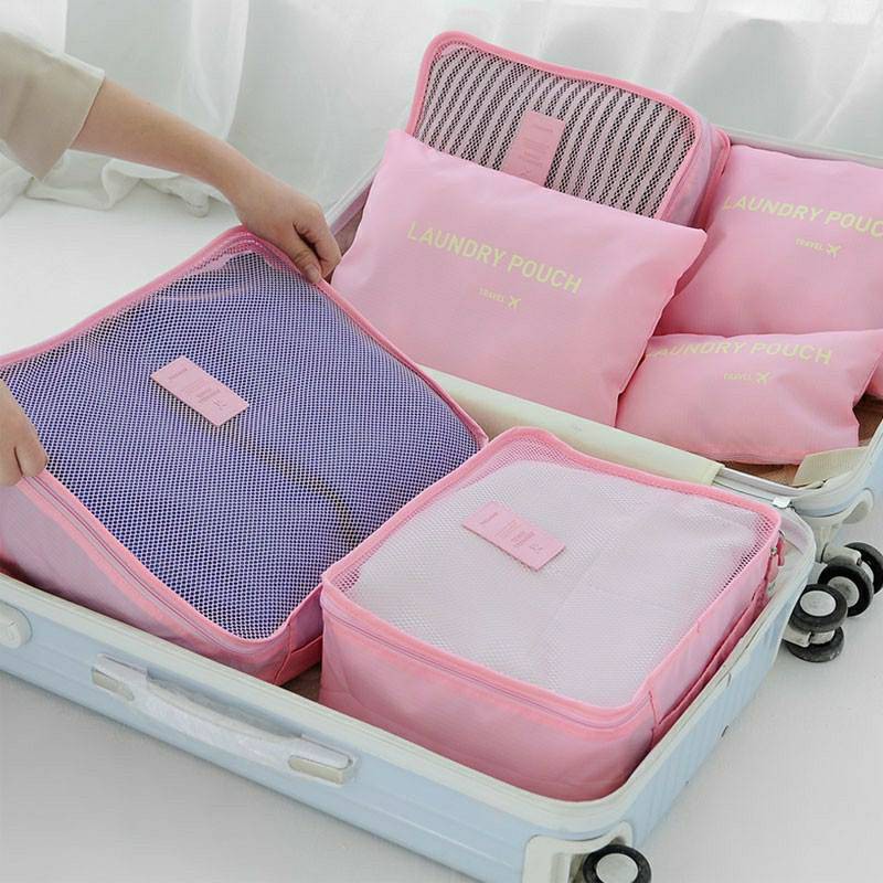 韓國旅行收納袋 6件套 收納套裝 出國旅遊行李箱衣物內衣整理袋 出差收納袋 粉色