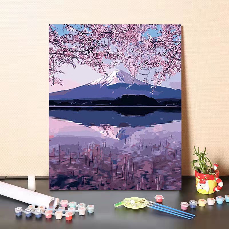 日本富士山櫻花 數字油畫 DIY油畫 手繪畫 數字畫 彩繪畫 填色畫 客廳房間裝飾畫  掛畫 交換禮物 紓壓好物