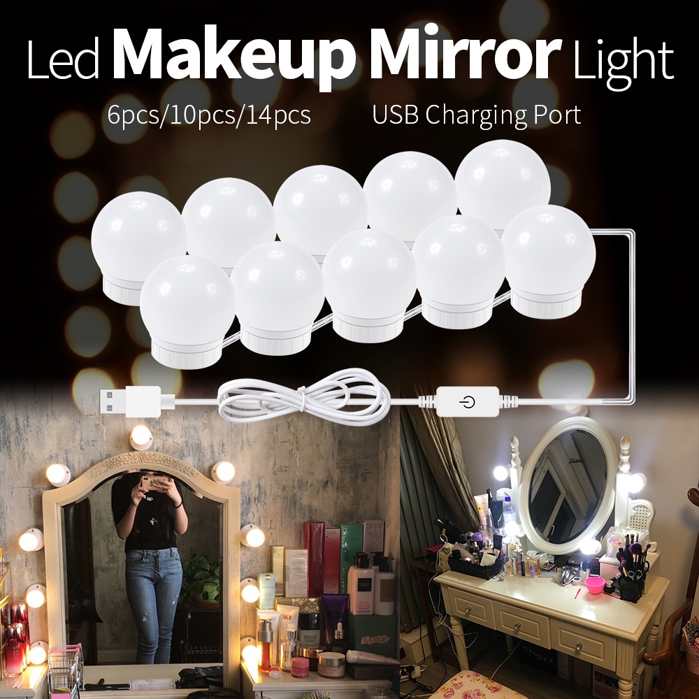 LED鏡前燈三色化妝鏡燈LED觸摸調光梳妝台燈泡USB好萊塢化妝鏡子灯壁燈12V