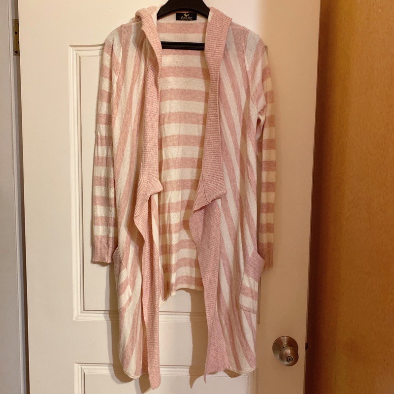 粉色條紋傘狀連帽針織外套（F)