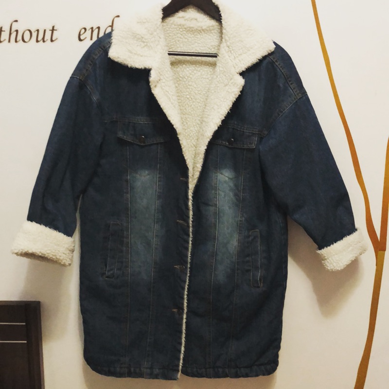 韓 超暖🐑羊羔毛QQ毛手袖鋪棉牛仔單寧大衣長版外套