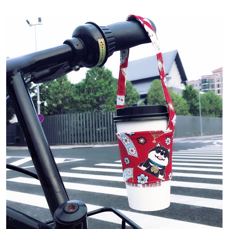 時尚環保飲料提袋 咖啡杯套--紅底和風柴犬圖案