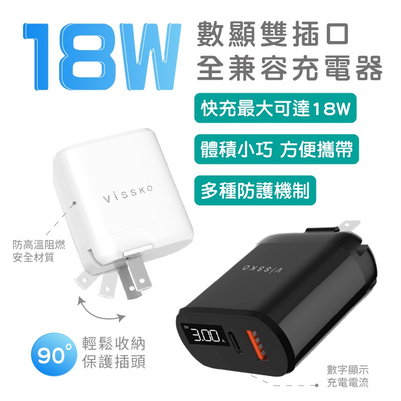 VISSKO 維斯克 18W 數顯 全兼容 充電 插頭 蘋果快充 安卓快充 充電器 變壓器 充電頭 qc3.0 雙口適用