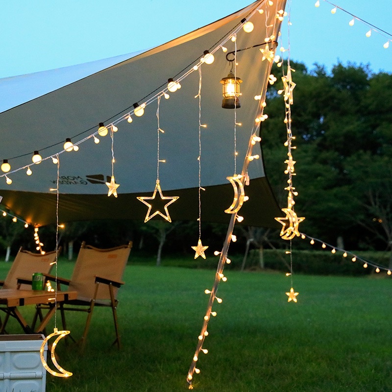 LED星星月亮窗簾燈串天幕帳篷裝飾串燈氛圍燈電池款太陽能燈