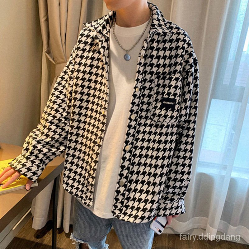 國潮復古新款千鳥格子夾克男ins編織小香風潮流毛呢襯衫外套上衣 蝦皮購物