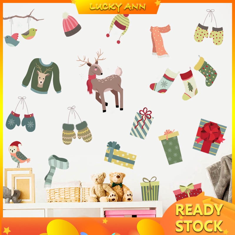 幸運安卡通壁紙聖誕麋鹿馴鹿牆貼小鳥禮物玻璃門窗貼紙裝飾擺件貼花d966 蝦皮購物
