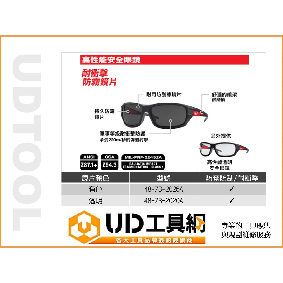 @UD工具網@ 美沃奇 高性能安全眼鏡(有框) 48-73-2020A透明 48-73-2025A有色防護鏡 護目鏡