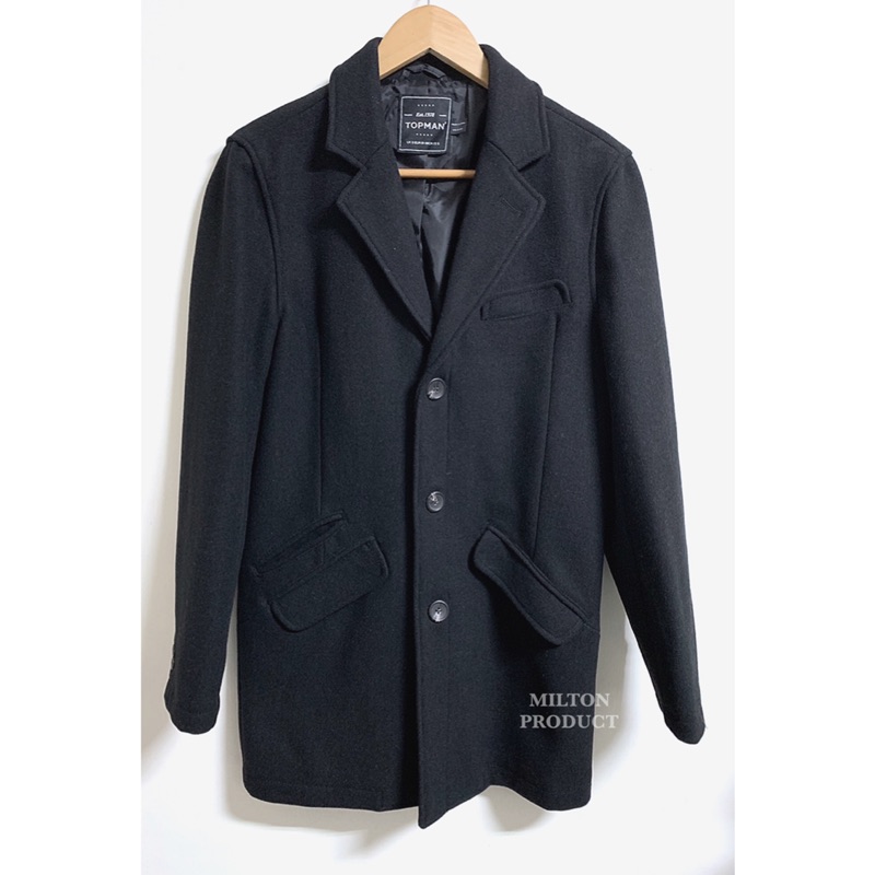 TOPMAN 英國品牌 長版英倫黑色西裝羊毛風衣大衣 保暖紳士街頭時尚