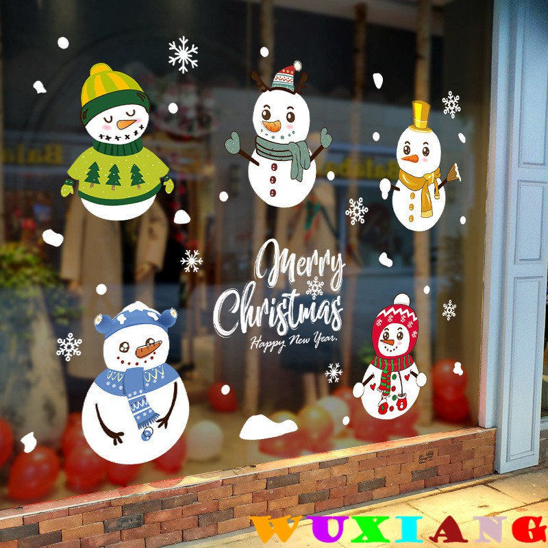 五象設計 聖誕壁貼 可愛雪人聖誕快樂 商場玻璃門窗可移除牆貼