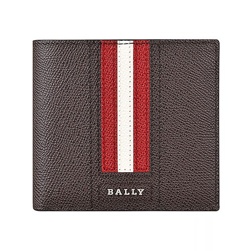 BALLY Trasai金屬LOGO紅白紅條紋設計牛皮8卡對折短夾(褐)