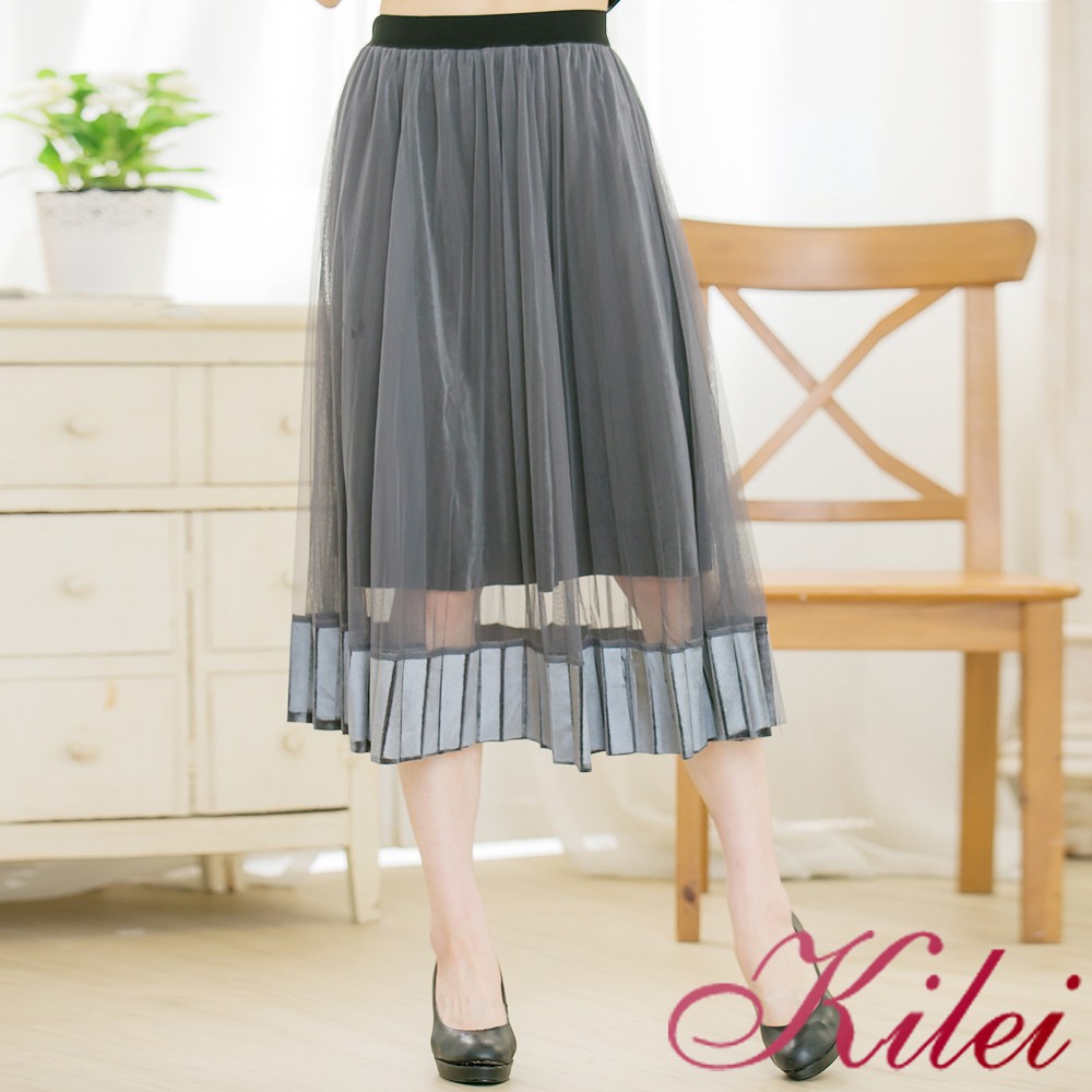 【Kilei】絨布接網紗百褶七分圓裙XA3335-02(優雅銀灰)全尺碼