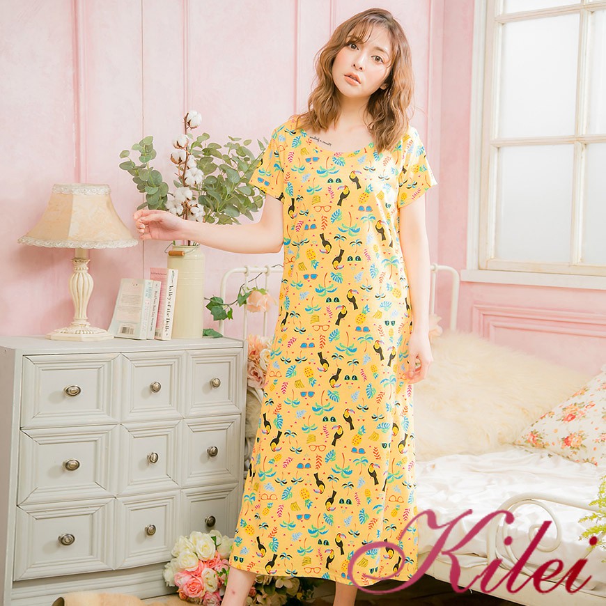 【Kilei】女生睡衣 連身睡衣 睡裙 家居服睡衣 熱帶雨林滿版棉質長版短袖連身裙睡衣XA4084(活力黃)全尺碼