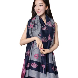 Seoul Show首爾秀 藏傳花間 仿羊絨圍巾披肩 藏青框灰底