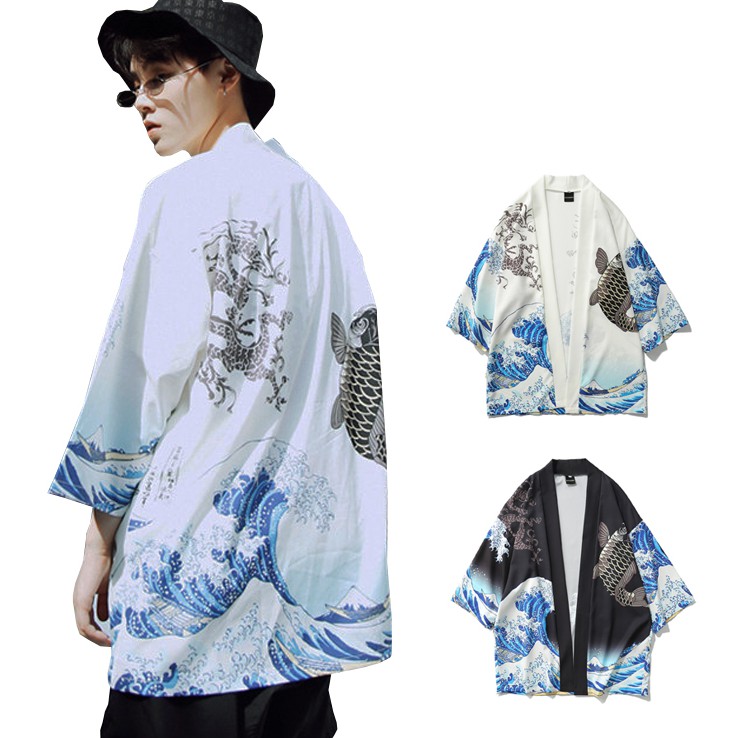 【K-2】驚濤巨浪 神龍 鯉魚 浮世繪 日本 甚平 道袍 潮流 情侶 外搭 穿搭 小外套【B8901】