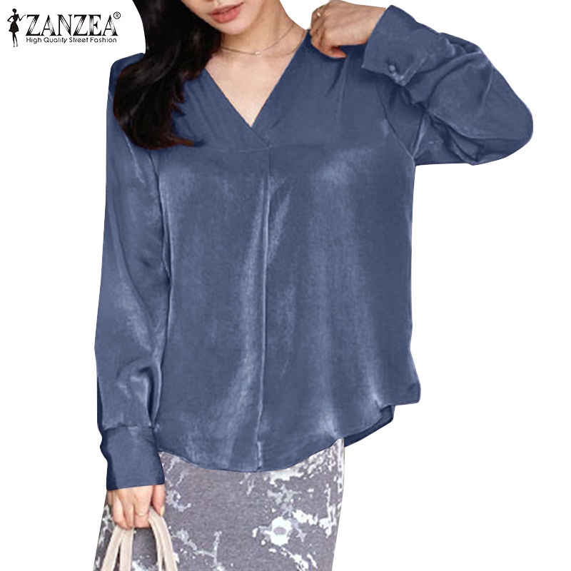 ZANZEA 女式韓版簡約純色V領長袖休閒寬鬆上衣