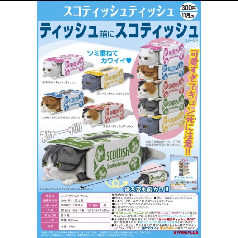 日本正版 第ㄧ彈 全新 現貨 KITAN 蘇格蘭摺耳貓 疊疊貓 全五種 衛生紙盒 面紙盒 扭蛋 轉蛋