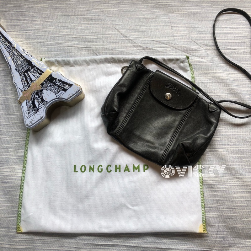 *~Pink Paris~* Longchamp Le Pliage Cuir 黑色小羊皮斜背包 側背包 小包 二手