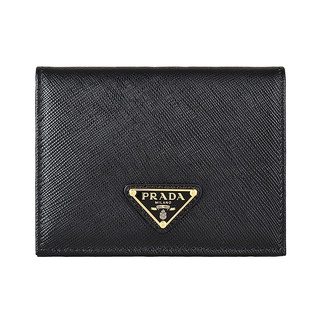 PRADA SAFFIANO TRIANG燙金三角LOGO防刮牛皮4卡扣式對折短夾(黑)