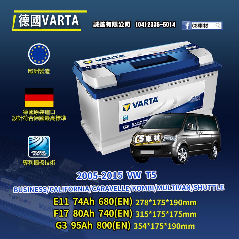 CS車材-VARTA 華達電池 VW T5 05-15年 E11 F17 G3...代客安裝 非韓製