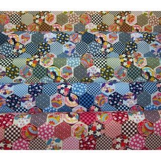 日本進口竹節綿布-金蔥和風六角花格-紅、深藍、草綠、黑、芥末綠(100%純綿、日本製造)