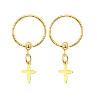 圓環十字架 黃金耳環 抗過敏 防退色 鍍24K金色 多用環 艾豆『B3083』