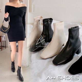 Image of A++短靴 靴 黑/米/咖 皮質韓版粗跟短靴 小方頭踝靴 韓國靴 小短靴