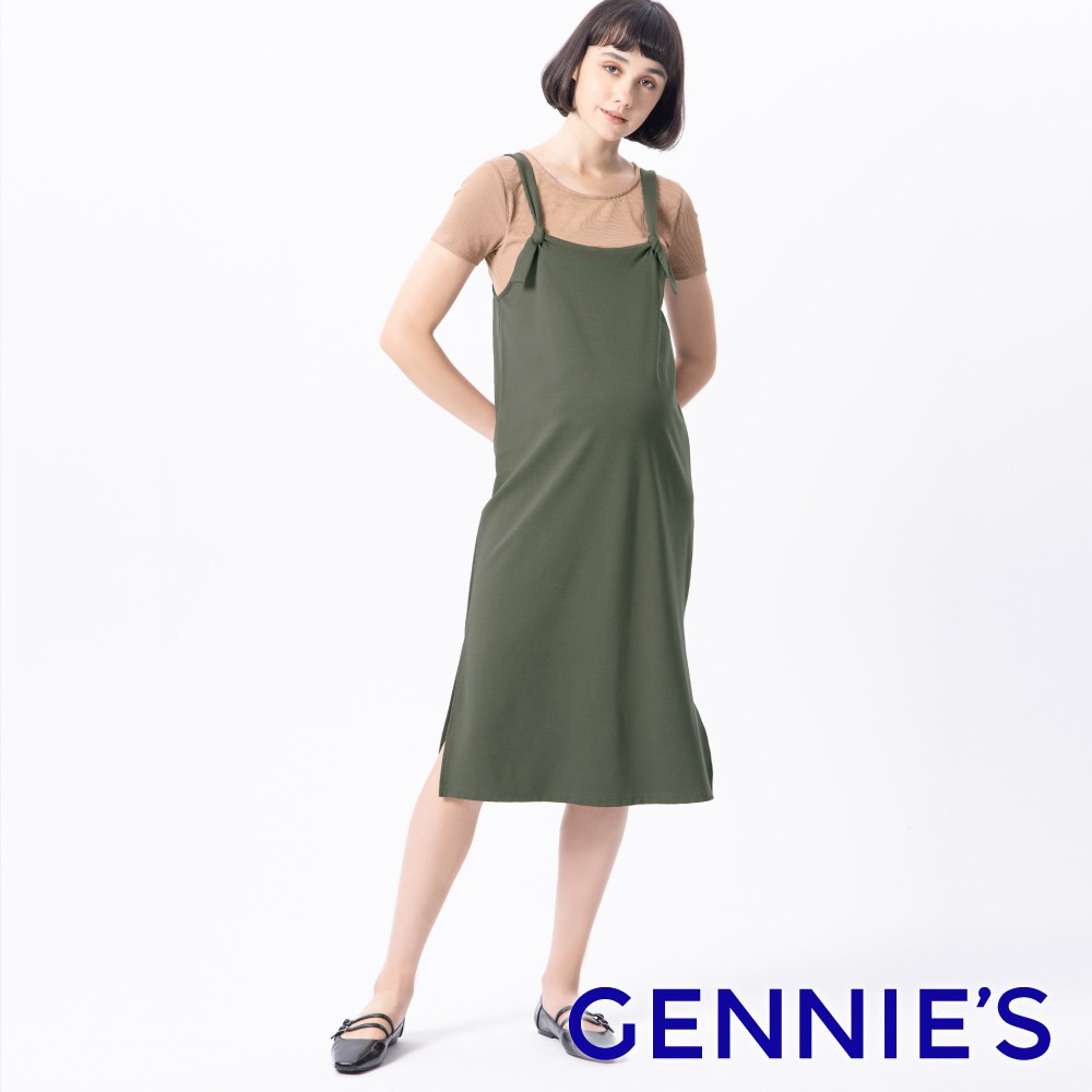 【Gennies 奇妮】綁結式吊帶孕婦洋裝-綠(T2L01)