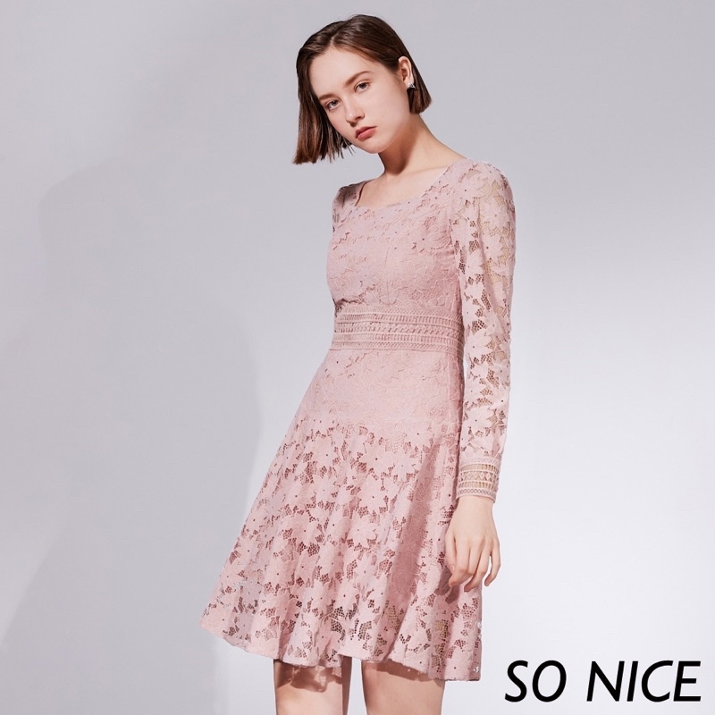 So nice 洋裝蕾絲洋裝 長袖 灰粉色 婚禮穿搭 氣質洋裝 氣質絨感花形蕾絲洋裝 M 全新現貨 連身裙 氣質粉