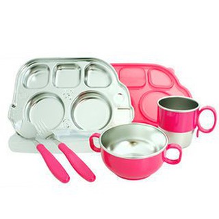 美國 Innobaby Stainless Mealtime set 不鏽鋼巴士造型餐盤七件組(粉色)