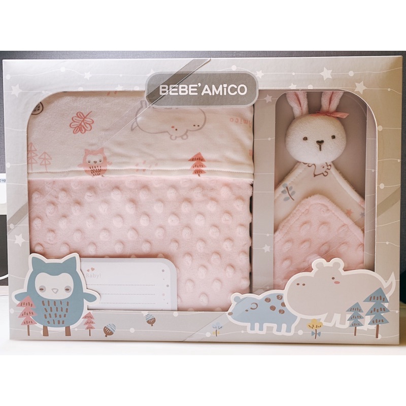 （全新）BEBE Amico 童趣故事貝貝豆-四季毯+安撫巾禮盒（粉色）禮盒包裝 彌月禮