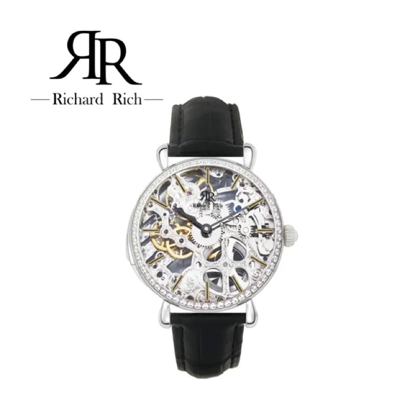 【限時特價】【RICHARD RICH】傳承系列鑲鑽外圈雙面簍空陀飛輪機械真皮腕錶-銀  正貨