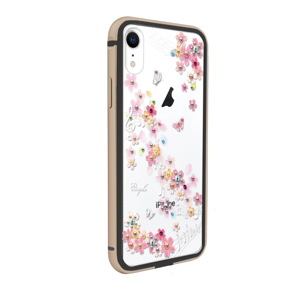 apbs iPhone XR 6.1吋施華彩鑽鋁合金屬框手機殼-黑金色彩櫻蝶舞