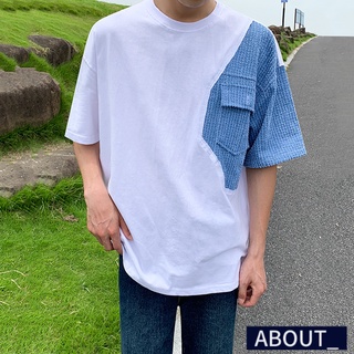 【ABOUT_歐巴】設計感小眾口袋拼接短袖T恤 韓 短袖上衣 休閒上衣 寬鬆 半袖 海邊 夏 男