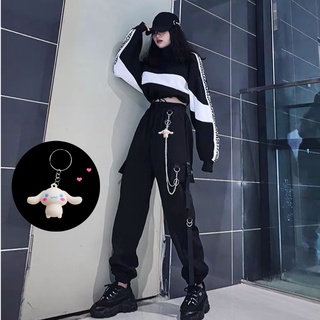 開學季工裝褲女套裝春秋學生新款韓版寬鬆百搭街頭嘻哈九分束口褲 寬褲 高腰運動褲 女生長袖套裝 褲套裝 街舞套裝 跳舞衣服