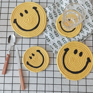 😊韓式笑臉手工棉線編織餐墊印刷表情ins可愛厚實隔熱墊杯墊鍋墊子