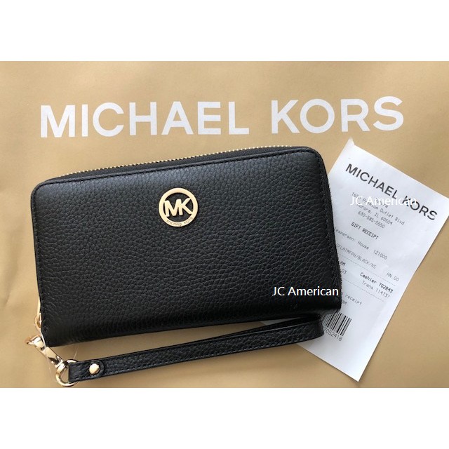 【美國JC】Michael Kors MK logo 黑色 素面 皮革 拉鍊 皮夾/中夾/手機包 ~現貨在台