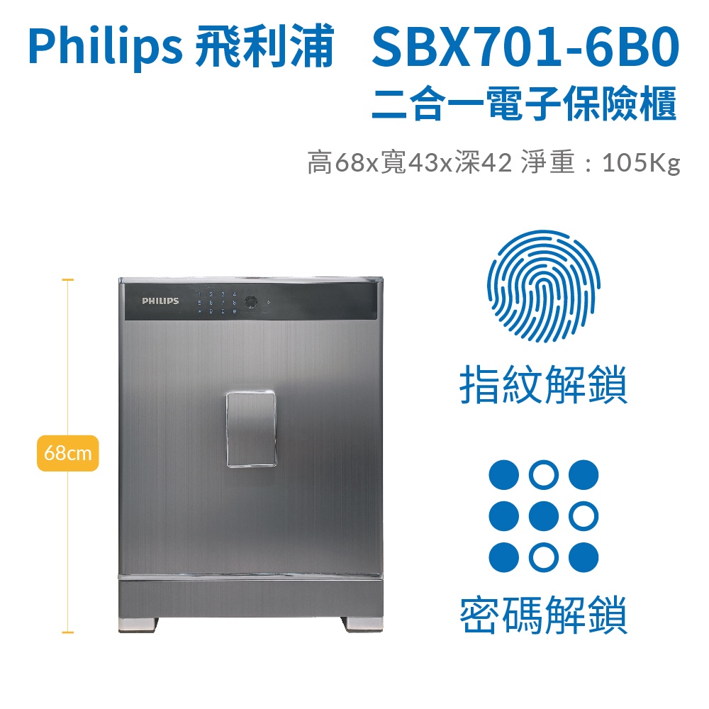 【Philips 飛利浦】SBX701-６B0 指紋｜密碼二合一電子保險箱(含定位服務/三年保固)