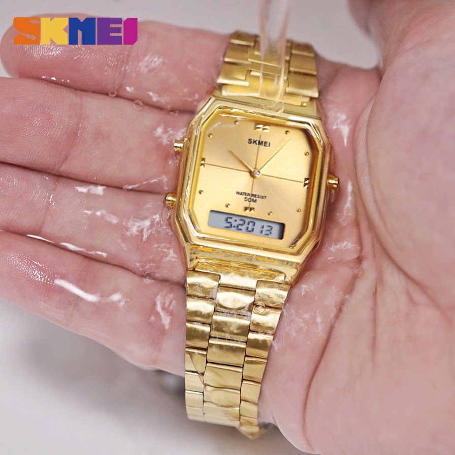 時刻美 SKMEI 情侶手錶 經典款金錶 50M防水手錶 石英手錶 雙顯示手錶  女錶/男錶 不鏽鋼手錶 1612