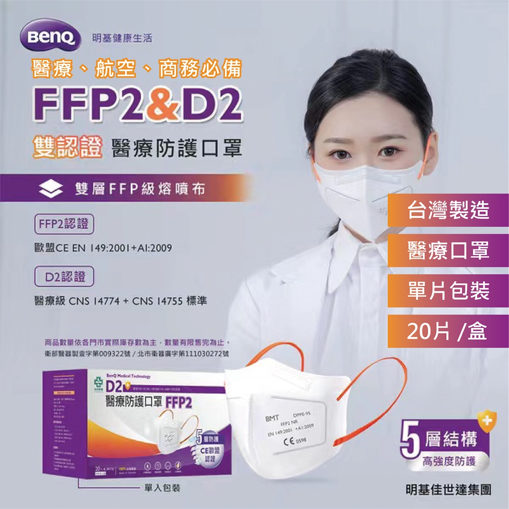 台灣製造 明基口罩BENQ 醫療口罩 五層防護口罩 3D立體口罩 FFP2口罩 N95口罩 歐規N95 明基醫 怡安醫療