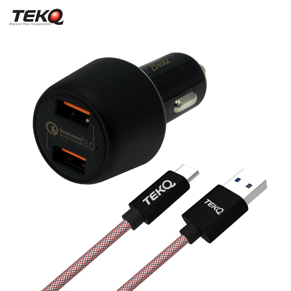 【TEKQ】 2孔 USB QC3.0 36W 快充車充+TEKQ Type-C USB 傳輸充電線120 (快充組合)