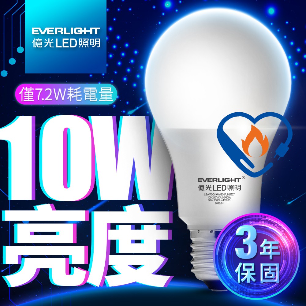 【EVERLIGHT億光】1入組 7.2W 超節能plus LED燈泡 10W亮度 3年保固(白光/黃光)