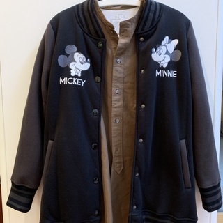 迪士尼Disney 復古刺繡米奇米妮長版羊羔毛棒球外套M