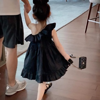 韓國ins童裝 女童春夏露肩小禮裙女寶寶無袖洋裝兒童儀式感小黑裙潮