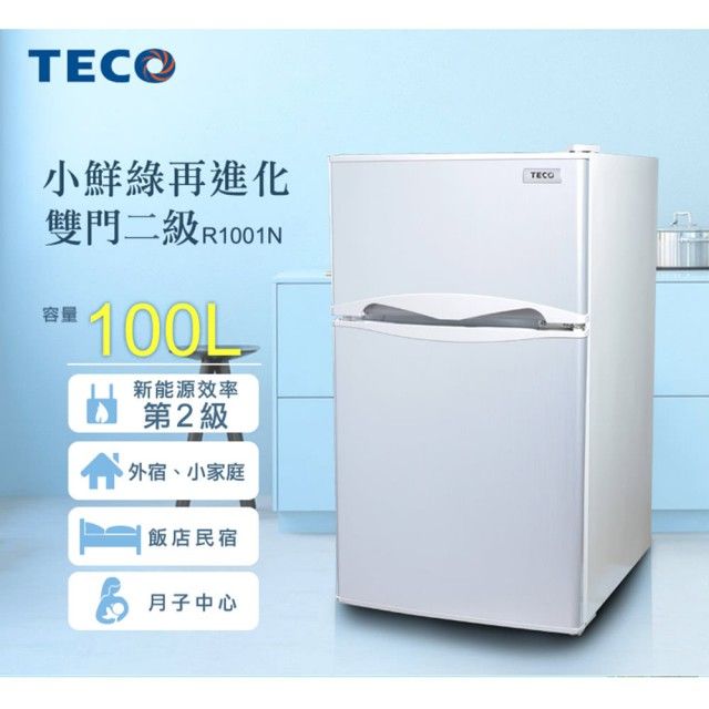 【TECO 東元】100公升一級能效小鮮綠雙門冰箱-纖絲銀(R1011s)