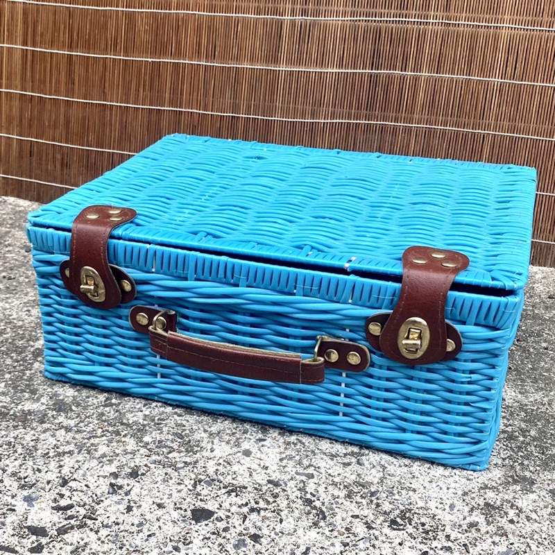 早期 藍色 塑膠繩編手提箱 繩編手提箱 籐籃手提箱 藤籃手提箱 手提箱 編繩手提箱 可愛手提箱