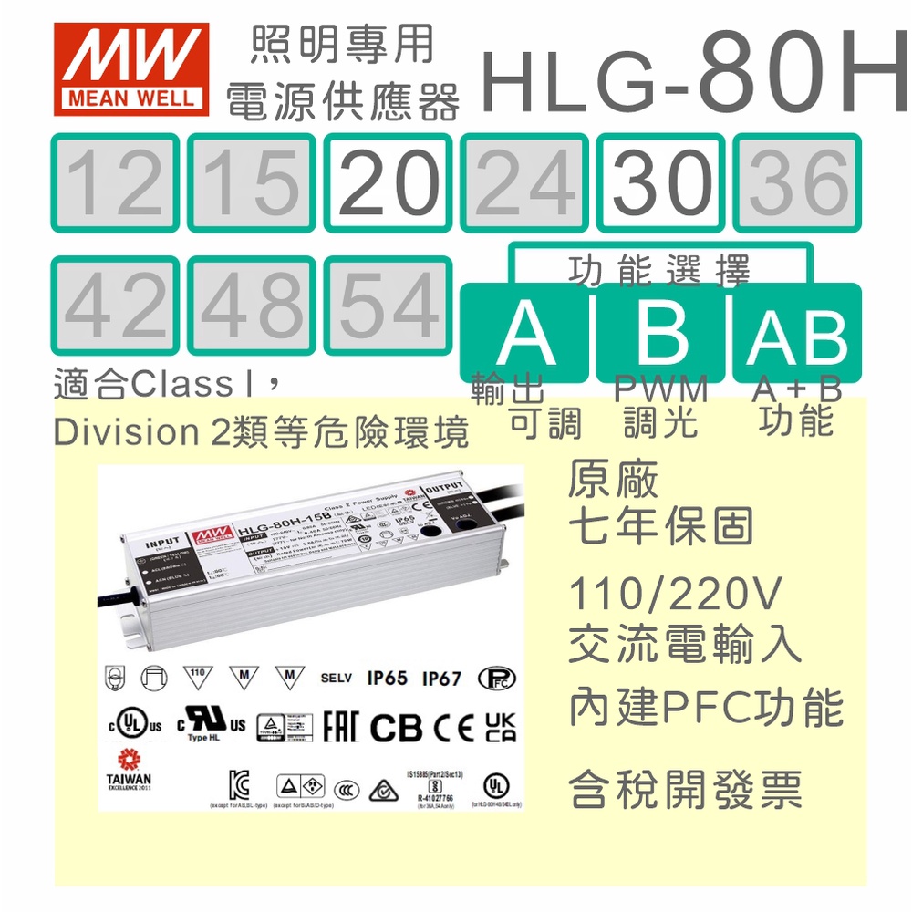 【保固附發票】MW明緯 80W LED Driver 照明電源 HLG-80H-20 20V 30 30V 驅動器 路燈