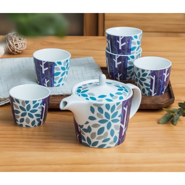 北歐風藍彩茶壺杯子6件套 藍色 白色 花茶壺 全套茶具 杯子 茶杯 奶茶壺 陶瓷茶具【波仔家生活雜貨舖】