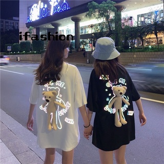 ifashion』短袖t恤 反光小熊t恤 中長款上衣 寬松 閨蜜裝 ins 風 學生 情侶裝