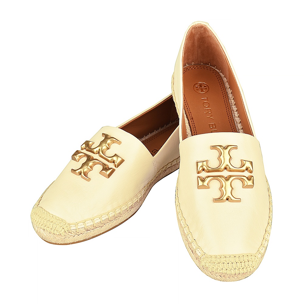 Tory Burch ELEANOR ESPADRILLE 金色雙T LOGO 山羊皮拼接草編織平底鞋(女款/米)